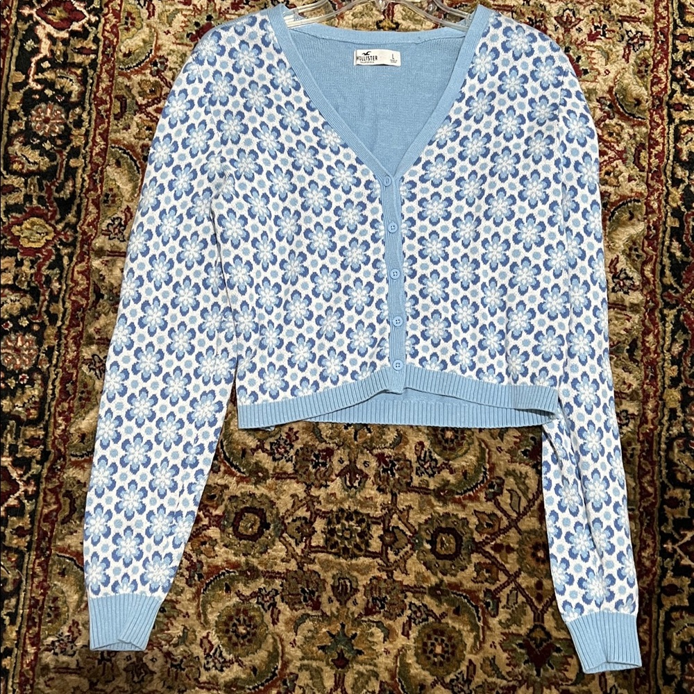 Hollister Light Blue Floral V-Neck Cropped Cardigan Sweater Size Large